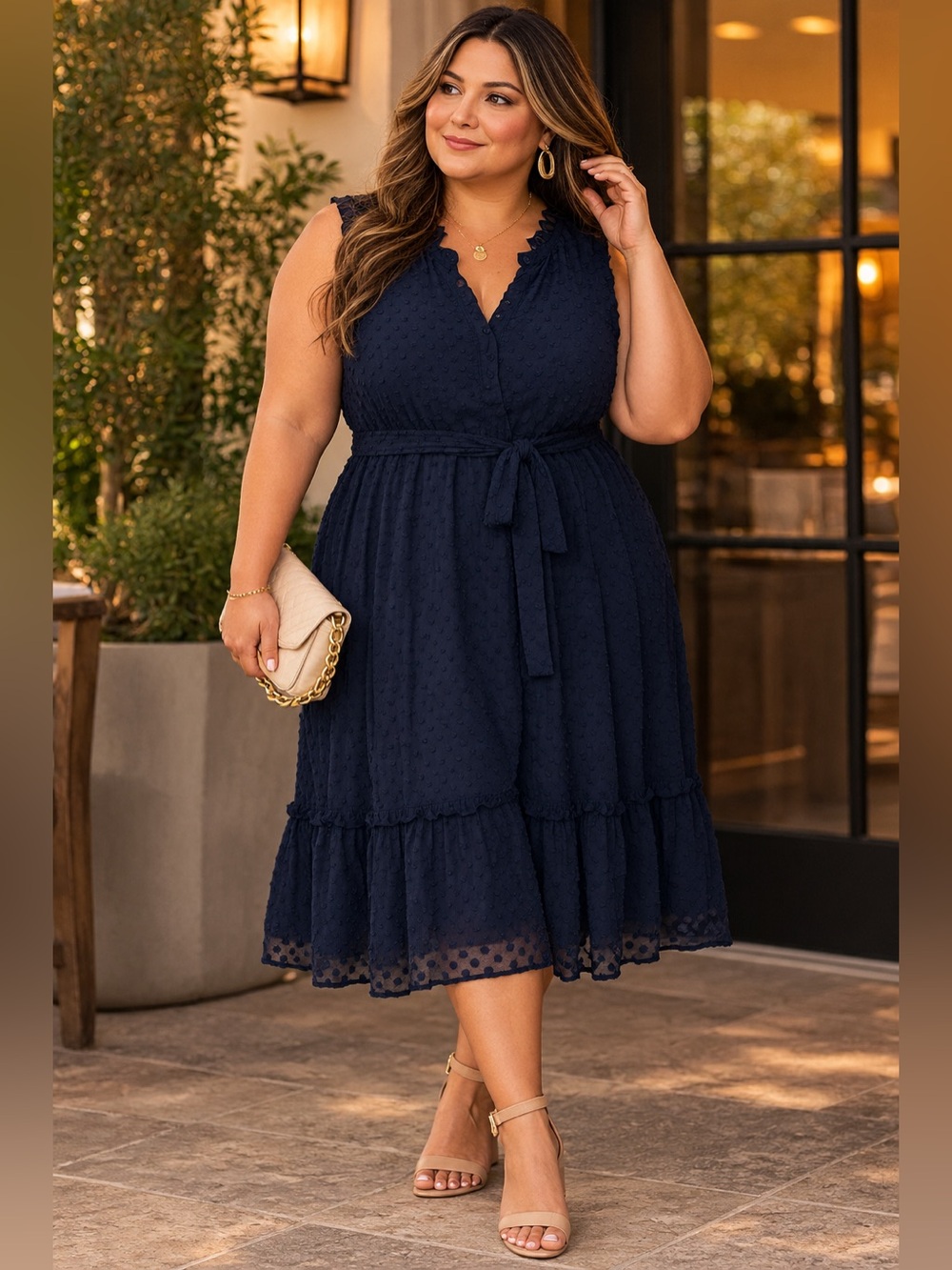 LOFT Navy Sleeveless Kids Dress with Textured Dot Pattern and Tie Waist